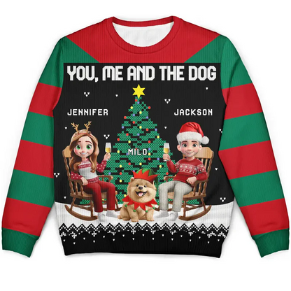 Christmas Tree You Me And The Dog Cat - Personalized Unisex Ugly Sweater