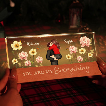 Couple Embracing Kissing Birth Month Flower Personalized Acrylic Block LED Night Light, Heartfelt 2025  Gift For Couple, For Him, For Her, Boyfriend, Girlfriend, Husband, Wife
