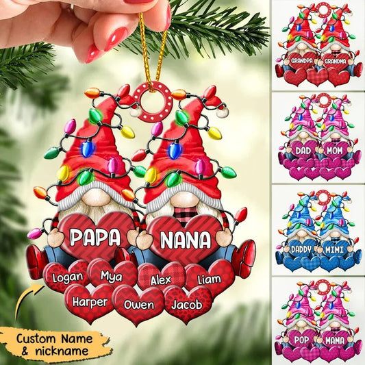 Colorful Christmas Light Gnome Couple Papa Grandma Nana Daddy Loves Sweet Heart Kids Personalized Ornament ornament The Next Custom Gift