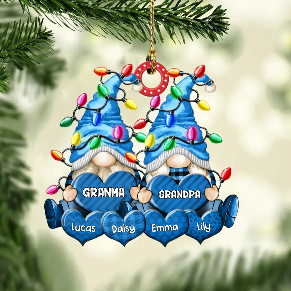 Colorful Christmas Light Gnome Couple Papa Grandma Nana Daddy Loves Sweet Heart Kids Personalized Ornament ornament The Next Custom Gift