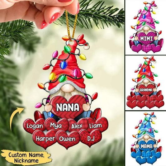 Colorful Christmas Light Gnome Couple Papa Grandma Nana Daddy Loves Sweet Heart Kids Personalized Ornament ornament The Next Custom Gift