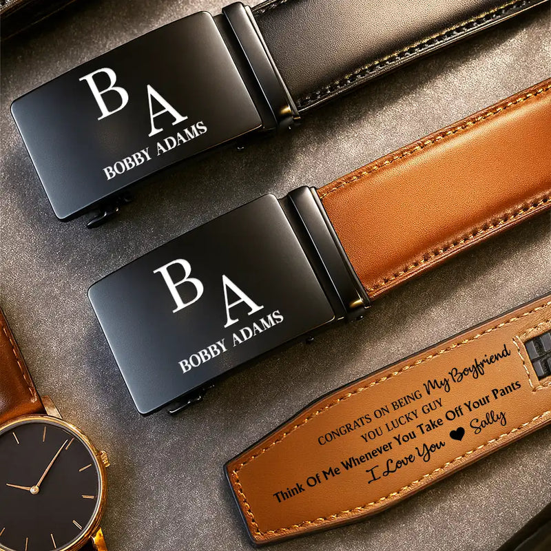 Congrats On Being My Husband You Lucky Man - Personalized Leather Belt With Engraved Buckle