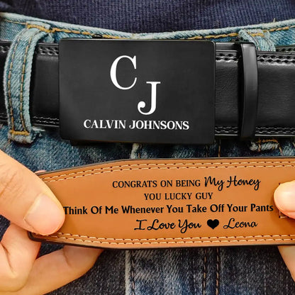 Congrats On Being My Husband You Lucky Man - Personalized Leather Belt With Engraved Buckle