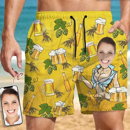 Couple - Custom Face Beer - Personalized Beach Short Beach Short The Next Custom Gift