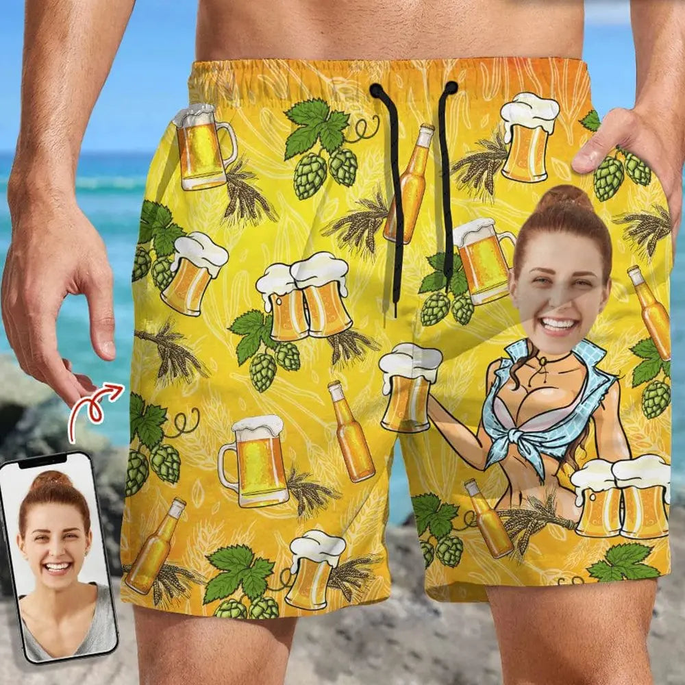 Couple - Custom Face Beer - Personalized Beach Short Beach Short The Next Custom Gift