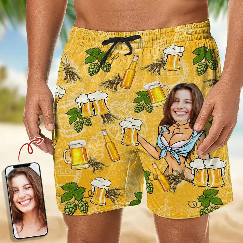 Couple - Custom Face Beer - Personalized Beach Short Beach Short The Next Custom Gift