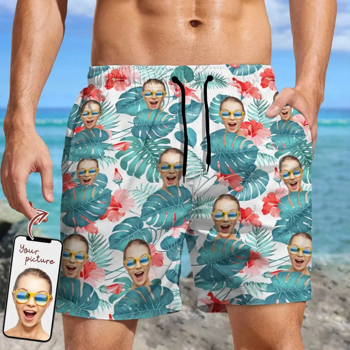 Couple - Custom Face Photo Hawaiian - Personalized Beach Short Beach Short The Next Custom Gift