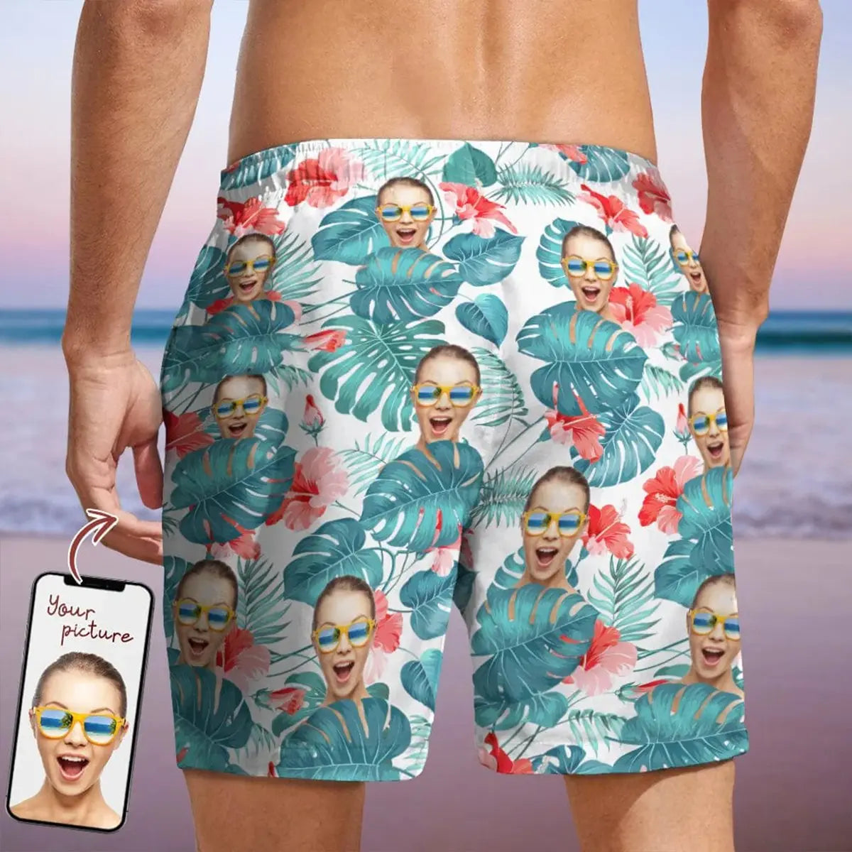 Couple - Custom Face Photo Hawaiian - Personalized Beach Short Beach Short The Next Custom Gift