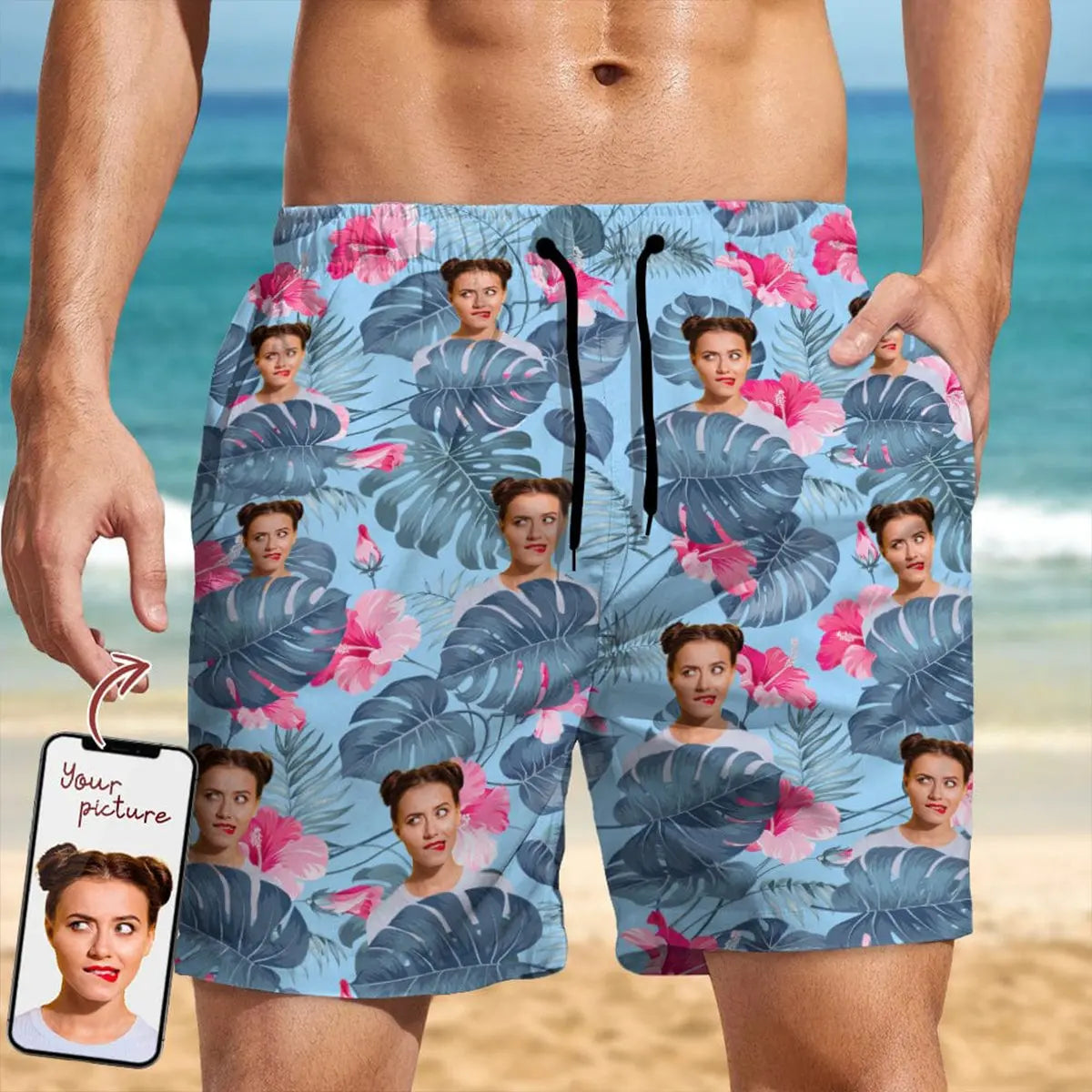 Couple - Custom Face Photo Hawaiian - Personalized Beach Short Beach Short The Next Custom Gift