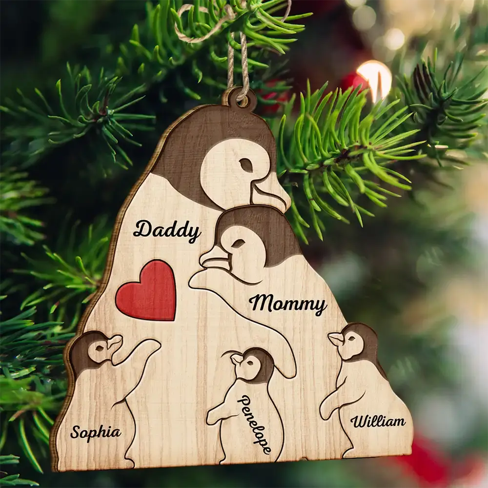 Couple Penguin Family Parents & Kids - Personalized Custom Shaped Wooden Ornament Ornament The Next Custom Gift