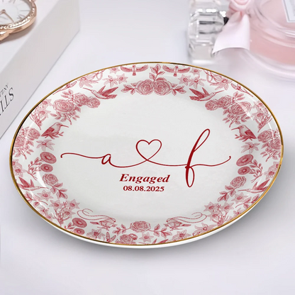 Couple Initial Names Engaged Married Toile De Jouy Pattern - Personalized Round Ring Dish