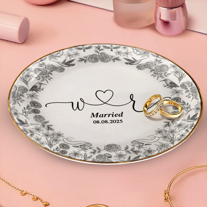 Couple Initial Names Engaged Married Toile De Jouy Pattern - Personalized Round Ring Dish