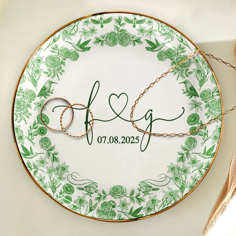 Couple Initial Names Engaged Married Toile De Jouy Pattern - Personalized Round Ring Dish