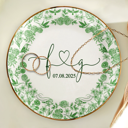 Couple Initial Names Engaged Married Toile De Jouy Pattern - Personalized Round Ring Dish
