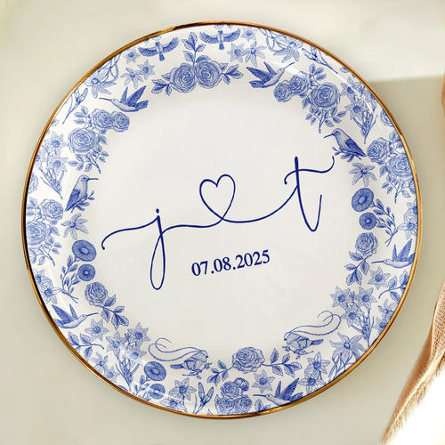 Couple Initial Names Engaged Married Toile De Jouy Pattern - Personalized Round Ring Dish