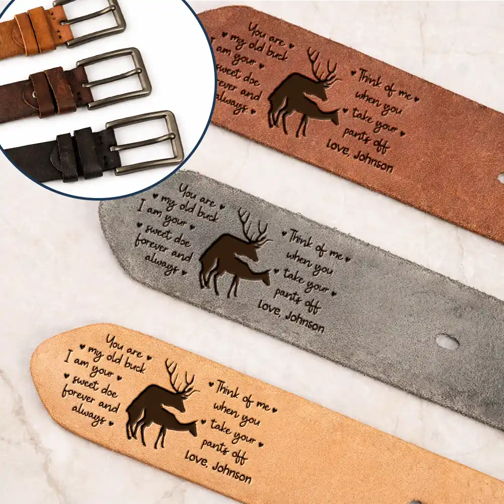 Couple Old Buck Sweet Doe - Personalized Cowhide Leather Belt
