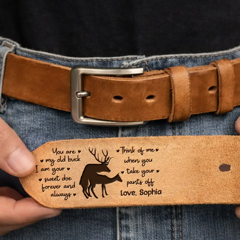 Couple Old Buck Sweet Doe - Personalized Cowhide Leather Belt
