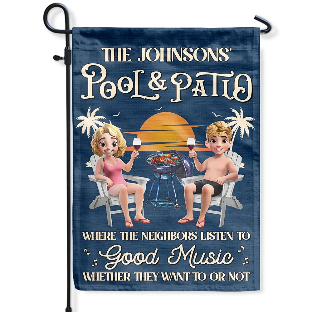 Gift For Couples,Gift For Husband,Gift For Wife,Gift For Boyfriend,Gift For Girlfriend,Poolside,Patio - Couple Poolside Paradise Listen To Good Music 3D Effect - Personalized Flag