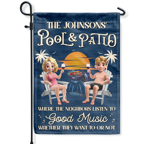Gift For Couples,Gift For Husband,Gift For Wife,Gift For Boyfriend,Gift For Girlfriend,Poolside,Patio - Couple Poolside Paradise Listen To Good Music 3D Effect - Personalized Flag