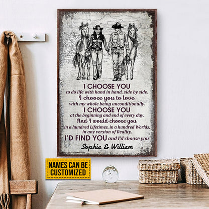 Cowboy Couple I Choose You Sketch Custom Poster, Personalized Horse Couple Wall Art, Couple Gift