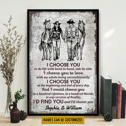 Cowboy Couple I Choose You Sketch Custom Poster, Personalized Horse Couple Wall Art, Couple Gift