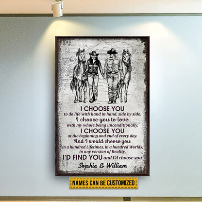 Cowboy Couple I Choose You Sketch Custom Poster, Personalized Horse Couple Wall Art, Couple Gift