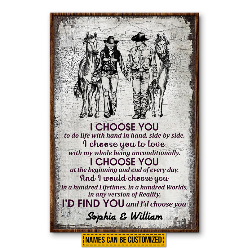 Cowboy Couple I Choose You Sketch Custom Poster, Personalized Horse Couple Wall Art, Couple Gift