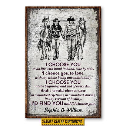 Cowboy Couple I Choose You Sketch Custom Poster, Personalized Horse Couple Wall Art, Couple Gift