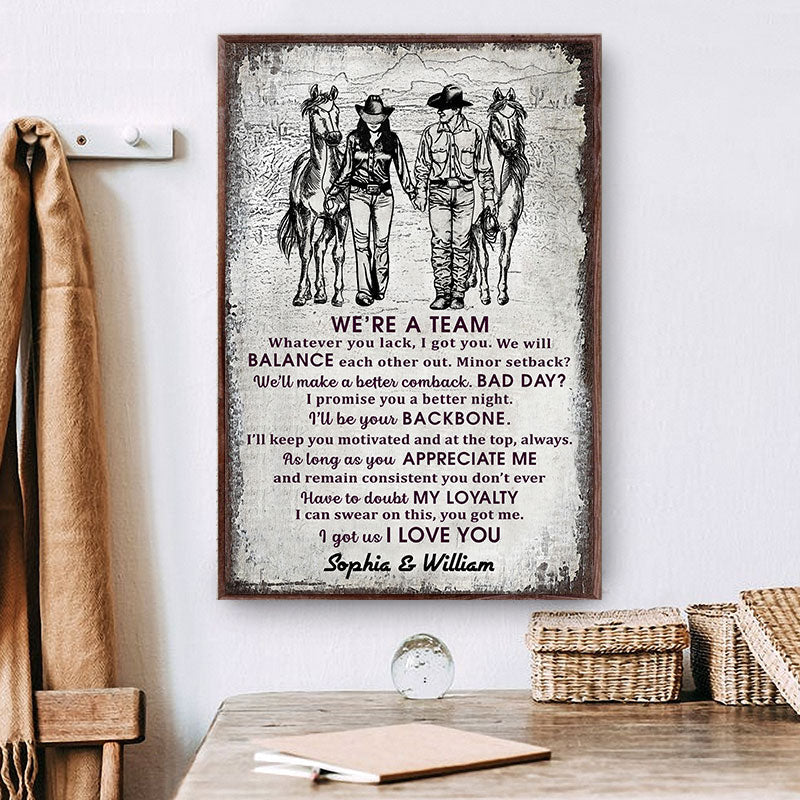 Cowboy Couple We're A Team Sketch Custom Poster, Personalized Horse Couple Wall Art, Couple Gift