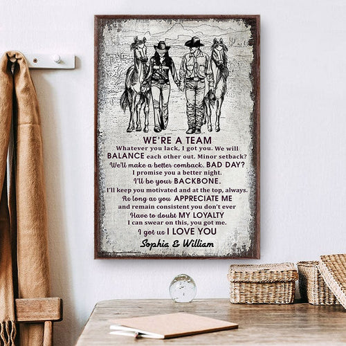 Cowboy Couple We're A Team Sketch Custom Poster, Personalized Horse Couple Wall Art, Couple Gift