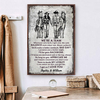 Cowboy Couple We're A Team Sketch Custom Poster, Personalized Horse Couple Wall Art, Couple Gift