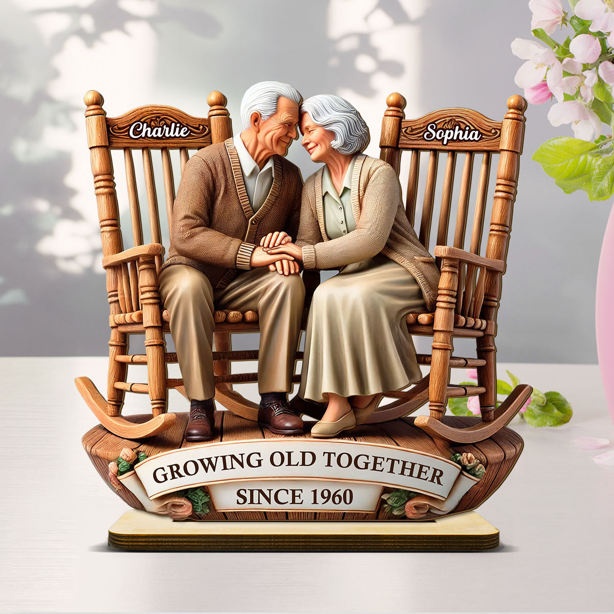 3D Effect Old Couple Sitting On Rocking Chairs Together Personalized Standing Wooden Plaque, Heartfelt Mother's Day Gift For For Her, For Wife