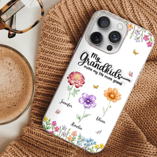 Crystal Effect Birth Flower Grandkids Make Life More Grand - Personalized Clear Phone Case