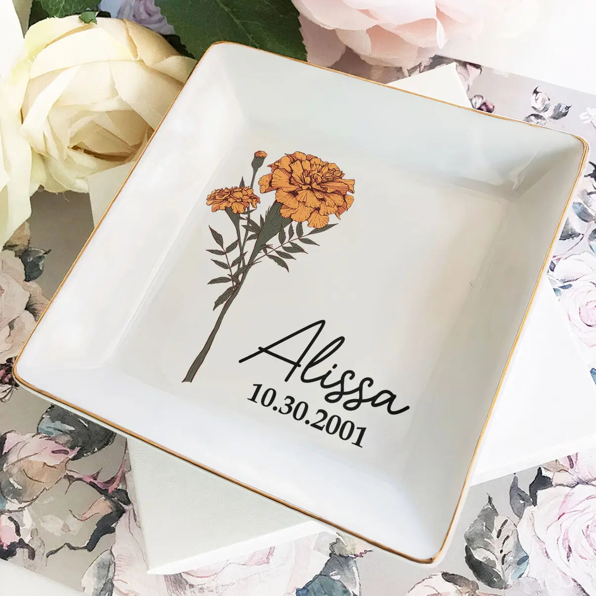 Custom Name And Birth Flower - Personalized Jewelry Dish Dish The Next Custom Gift