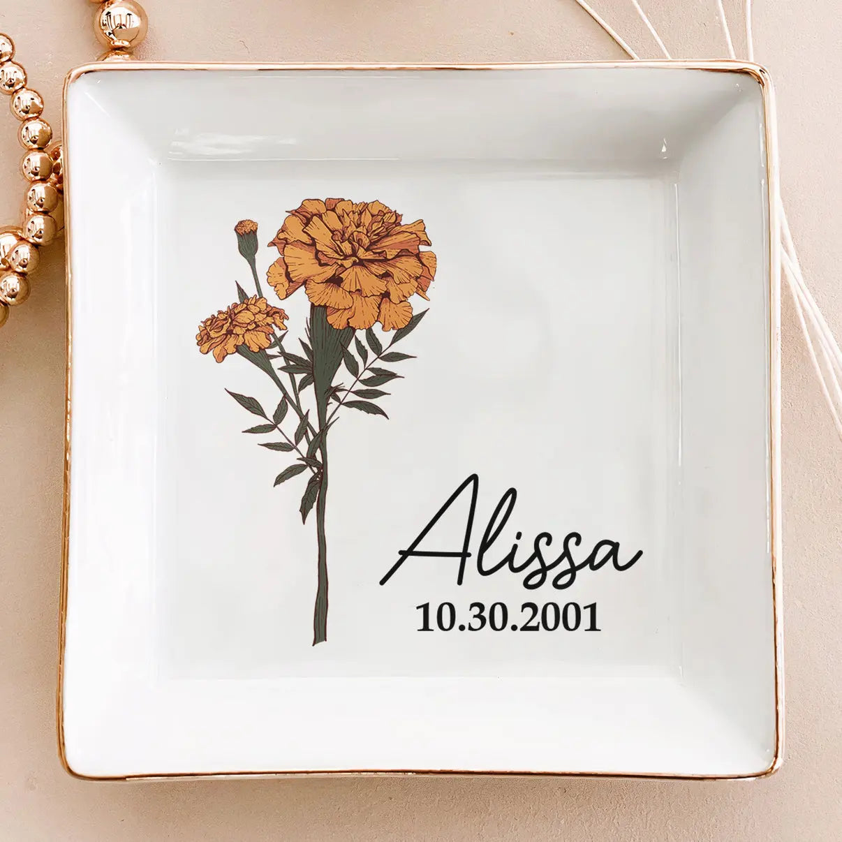 Custom Name And Birth Flower - Personalized Jewelry Dish Dish The Next Custom Gift