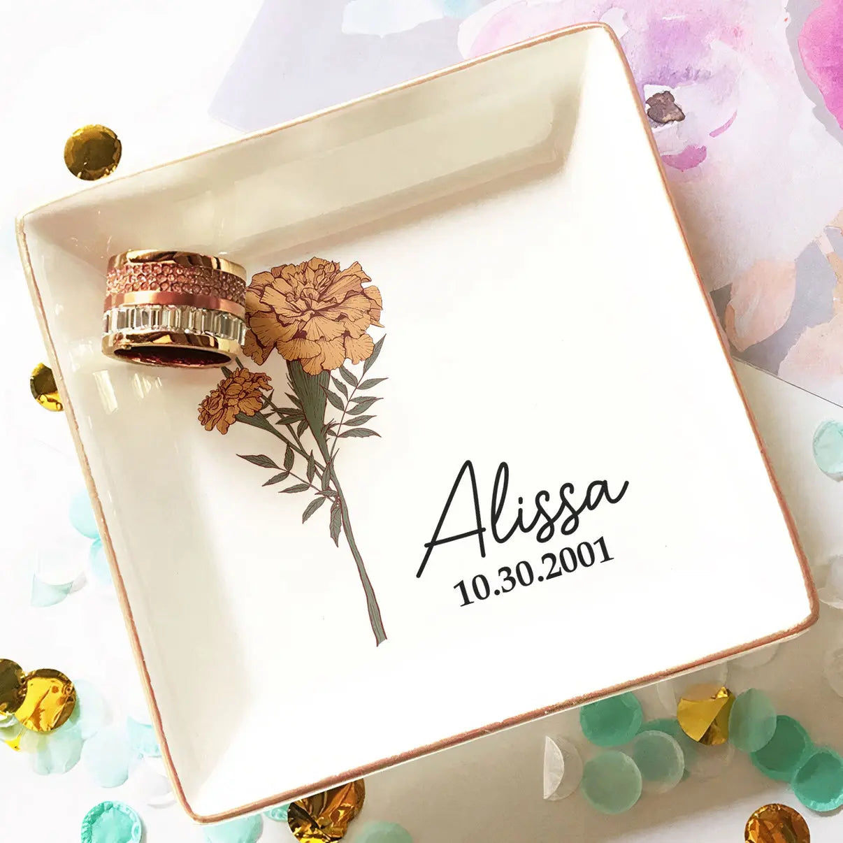 Custom Name And Birth Flower - Personalized Jewelry Dish Dish The Next Custom Gift