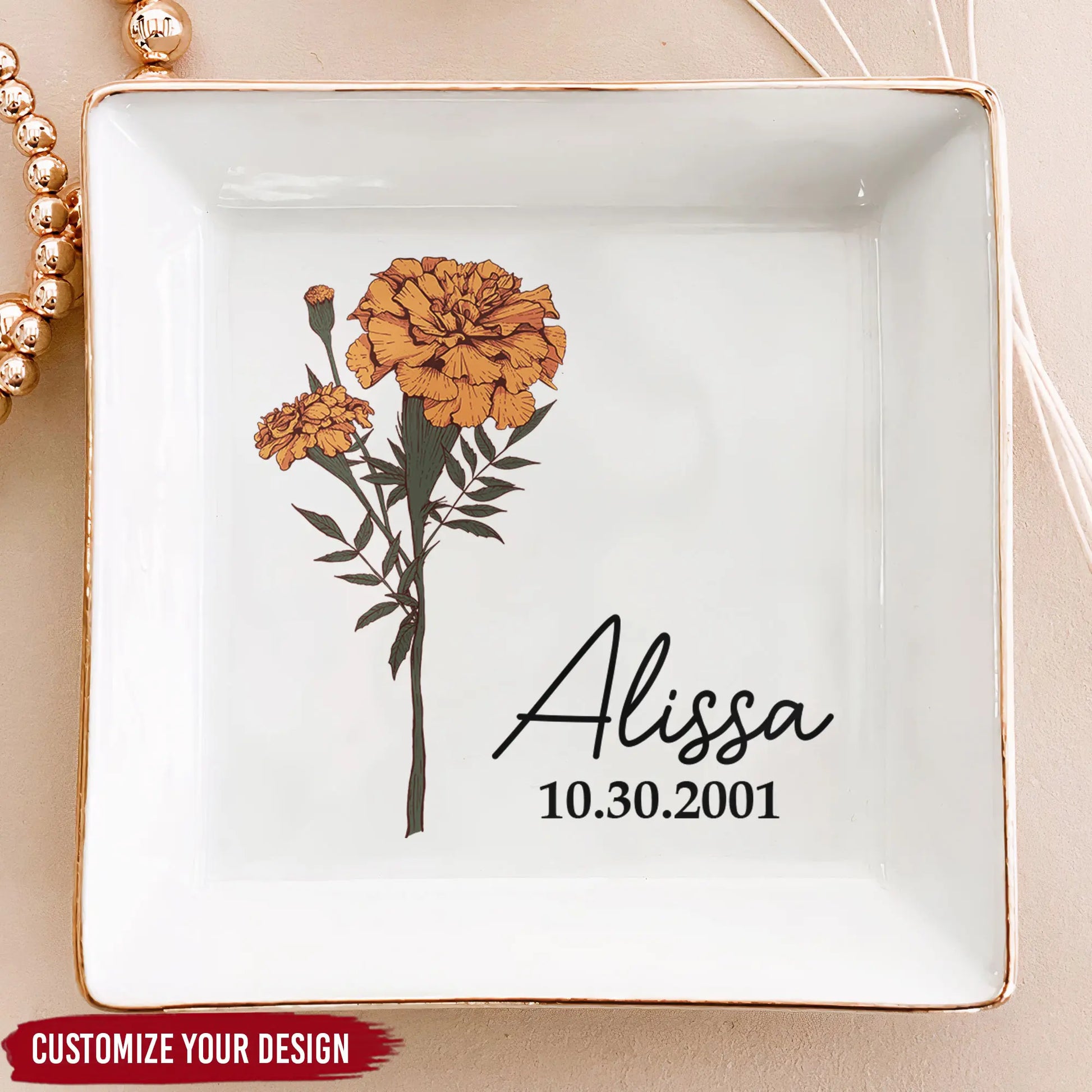 Custom Name And Birth Flower - Personalized Jewelry Dish Dish The Next Custom Gift