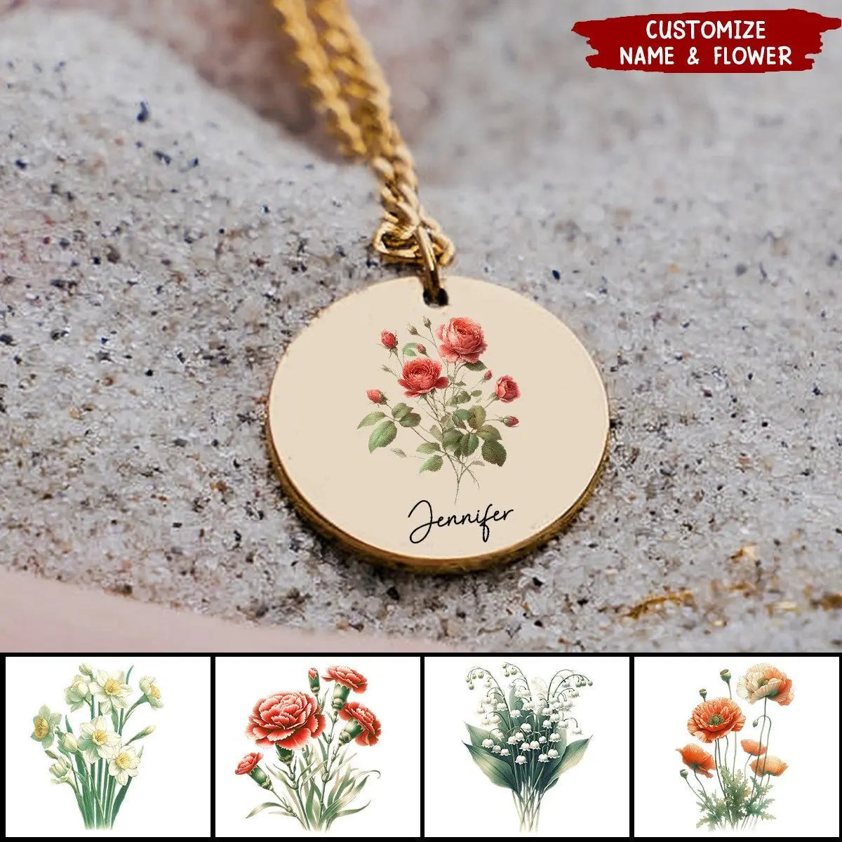 Custom Name Birth Flower Personalized Coin Necklace Necklace The Next Custom Gift