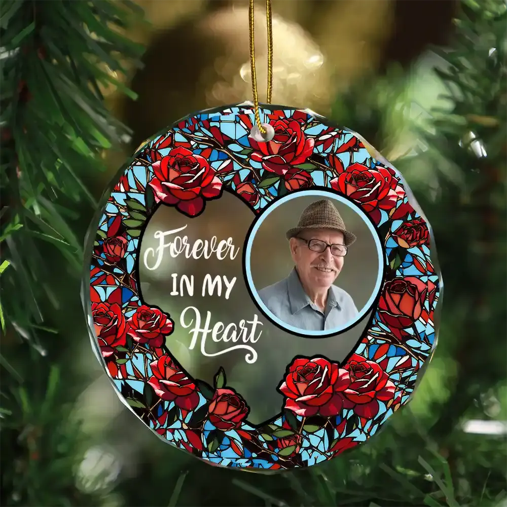 Custom Photo Christmas Forever In Our Hearts - Personalized Circle Glass Ornament ornament The Next Custom Gift