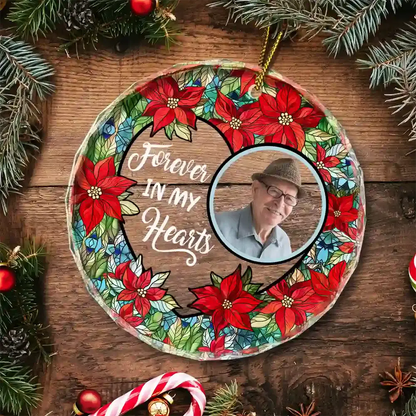 Custom Photo Christmas Forever In Our Hearts - Personalized Circle Glass Ornament ornament The Next Custom Gift