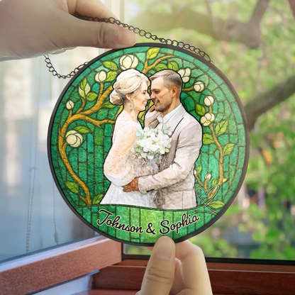 Custom Photo Portrait Couple Wedding Anniversary - Personalized Stained Glass Window Hanging Suncatcher