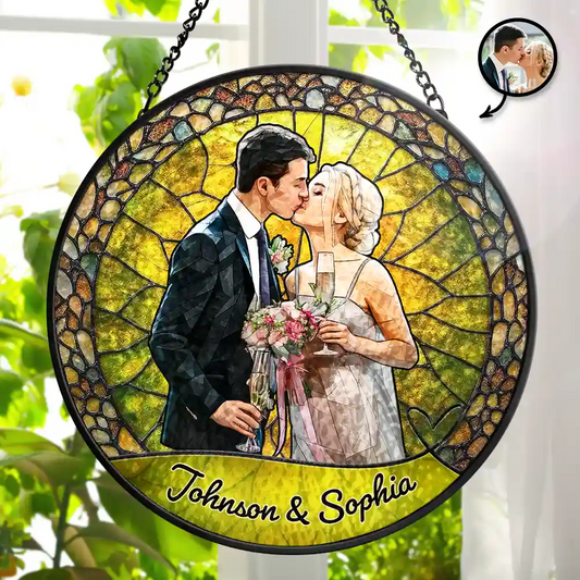 Custom Photo Portrait Couple Wedding Anniversary - Personalized Stained Glass Window Hanging Suncatcher