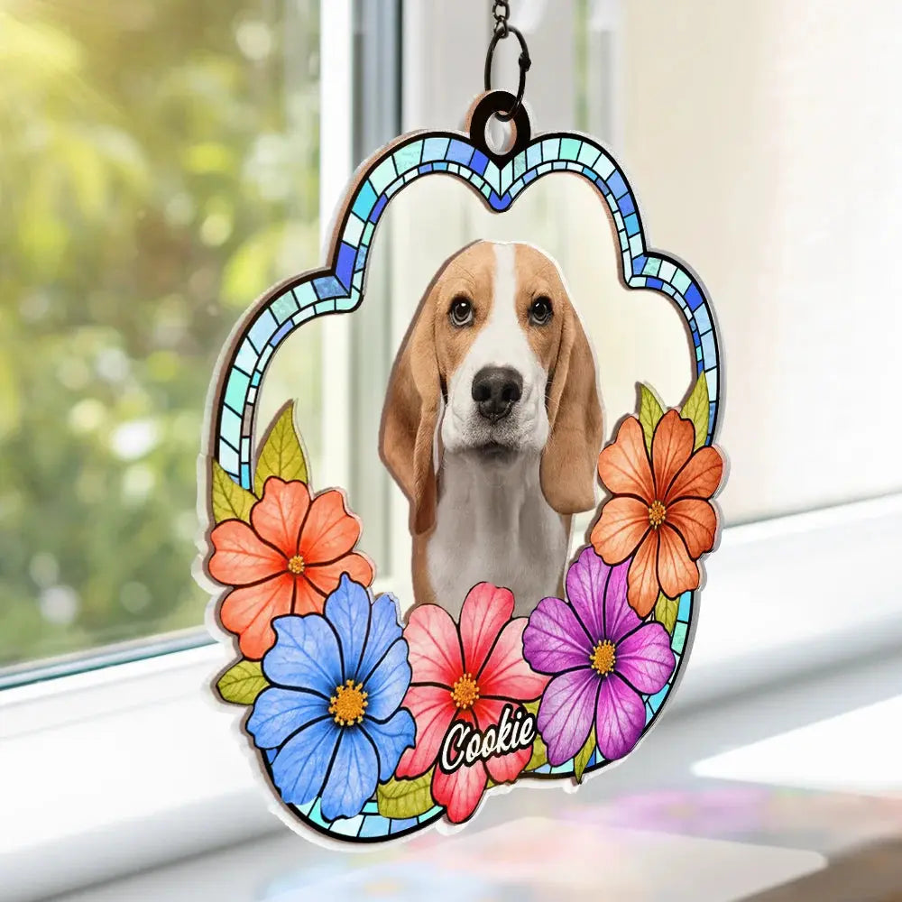 Custom Photo Dog Cat Floral Stained Glass - Personalized Window Hanging Suncatcher Ornament Hanging Suncatcher Ornament The Next Custom Gift