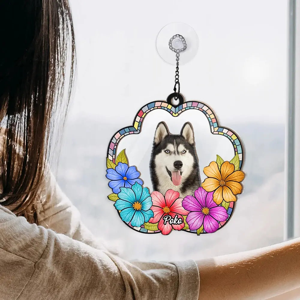 Custom Photo Dog Cat Floral Stained Glass - Personalized Window Hanging Suncatcher Ornament Hanging Suncatcher Ornament The Next Custom Gift