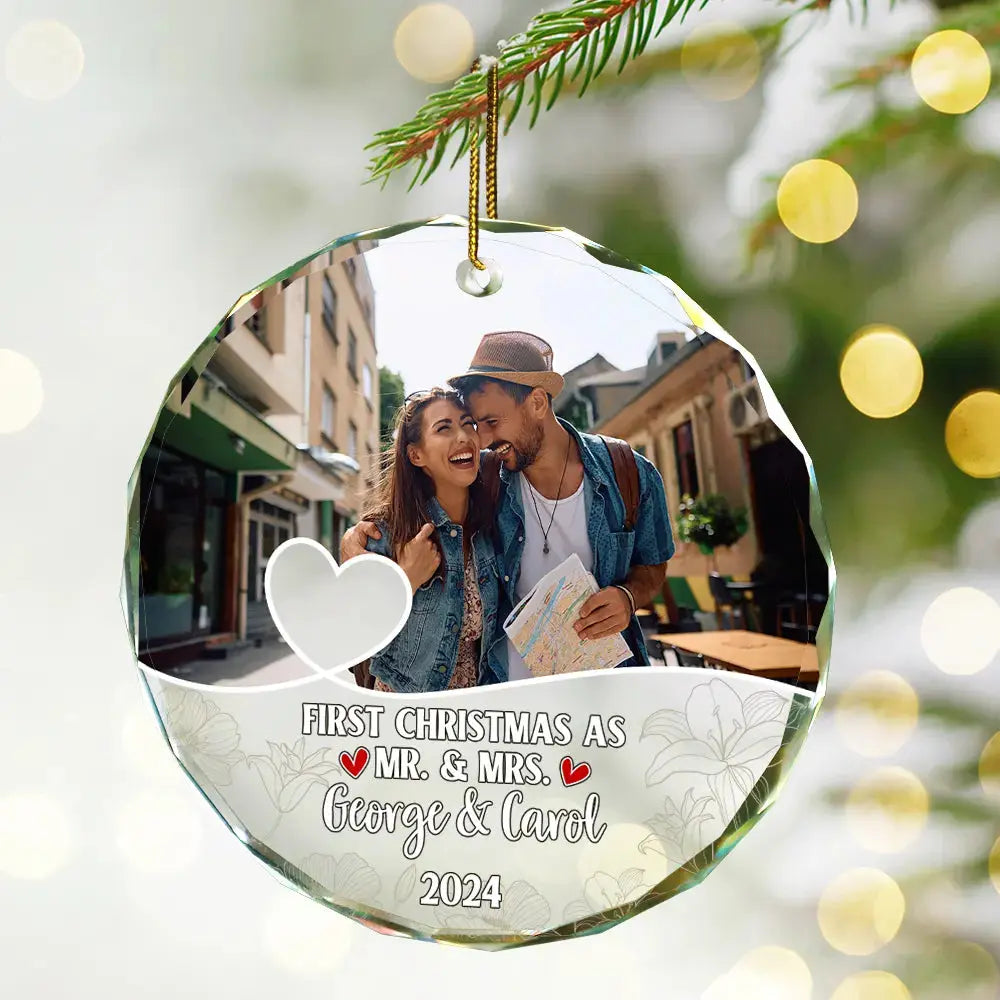 Custom Photo First Christmas As Mr & Mrs Couples - Personalized Circle Glass Ornament Ornament The Next Custom Gift