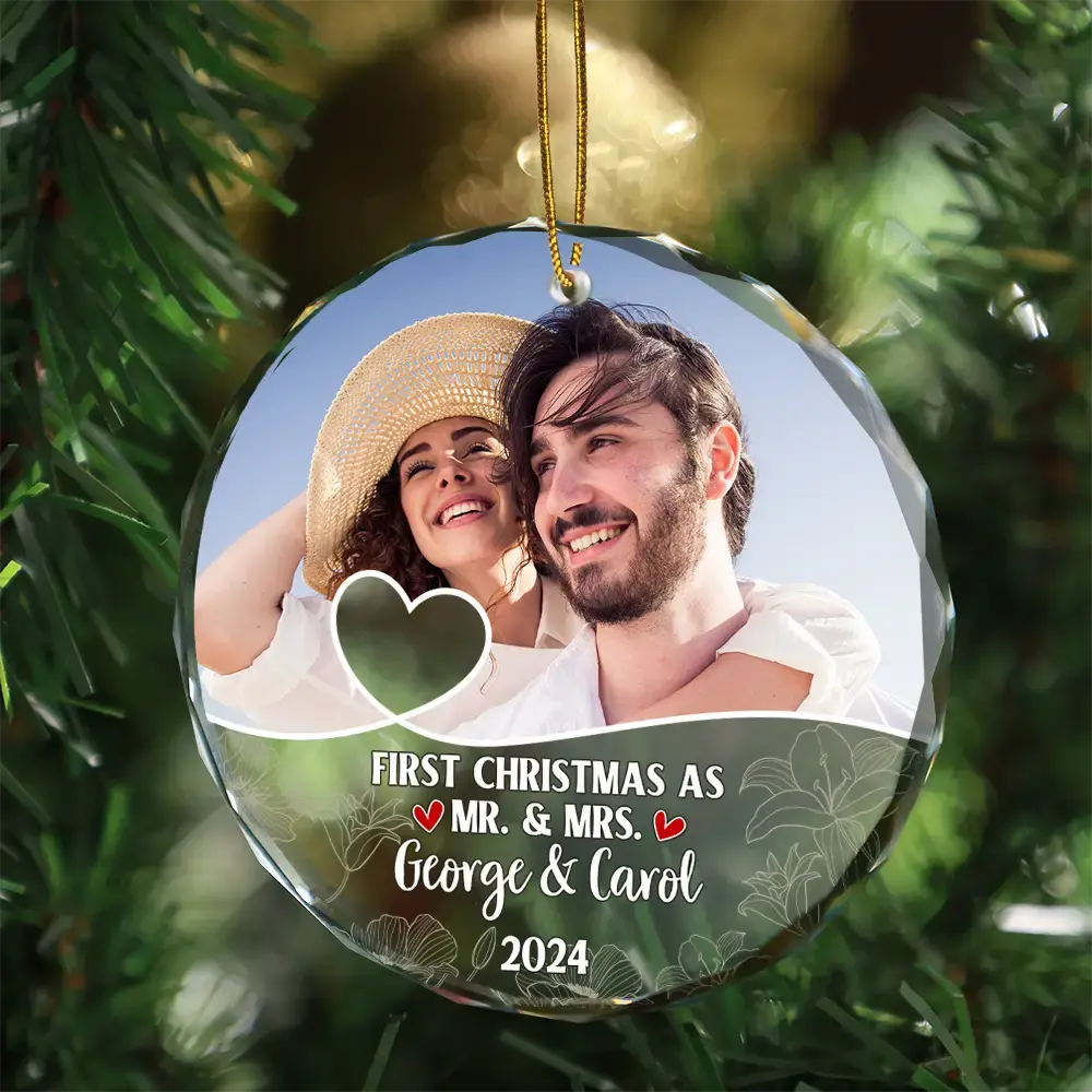 Custom Photo First Christmas As Mr & Mrs Couples - Personalized Circle Glass Ornament Ornament The Next Custom Gift