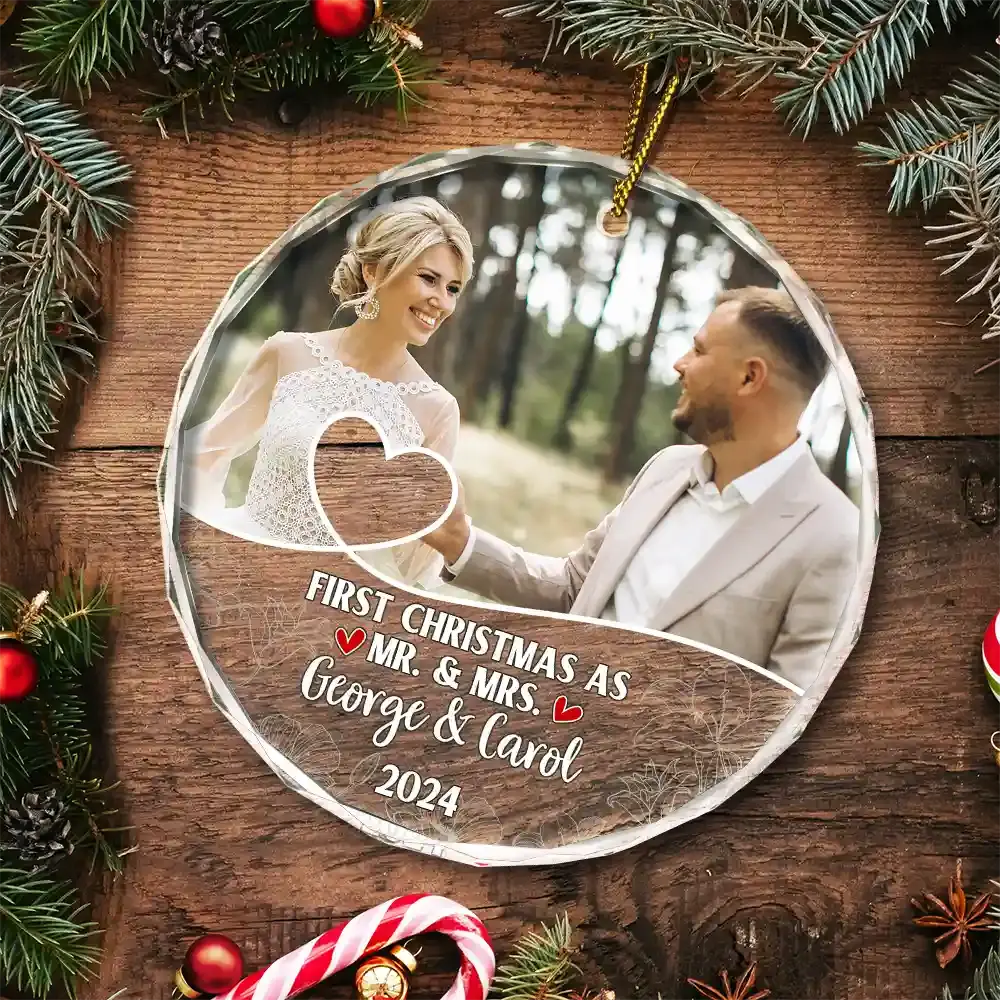 Custom Photo First Christmas As Mr & Mrs Couples - Personalized Circle Glass Ornament Ornament The Next Custom Gift