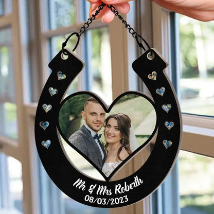 Custom Photo Good Luck Wedding Horseshoe - Personalized Window Hanging Suncatcher Ornament Hanging Suncatcher Ornament The Next Custom Gift