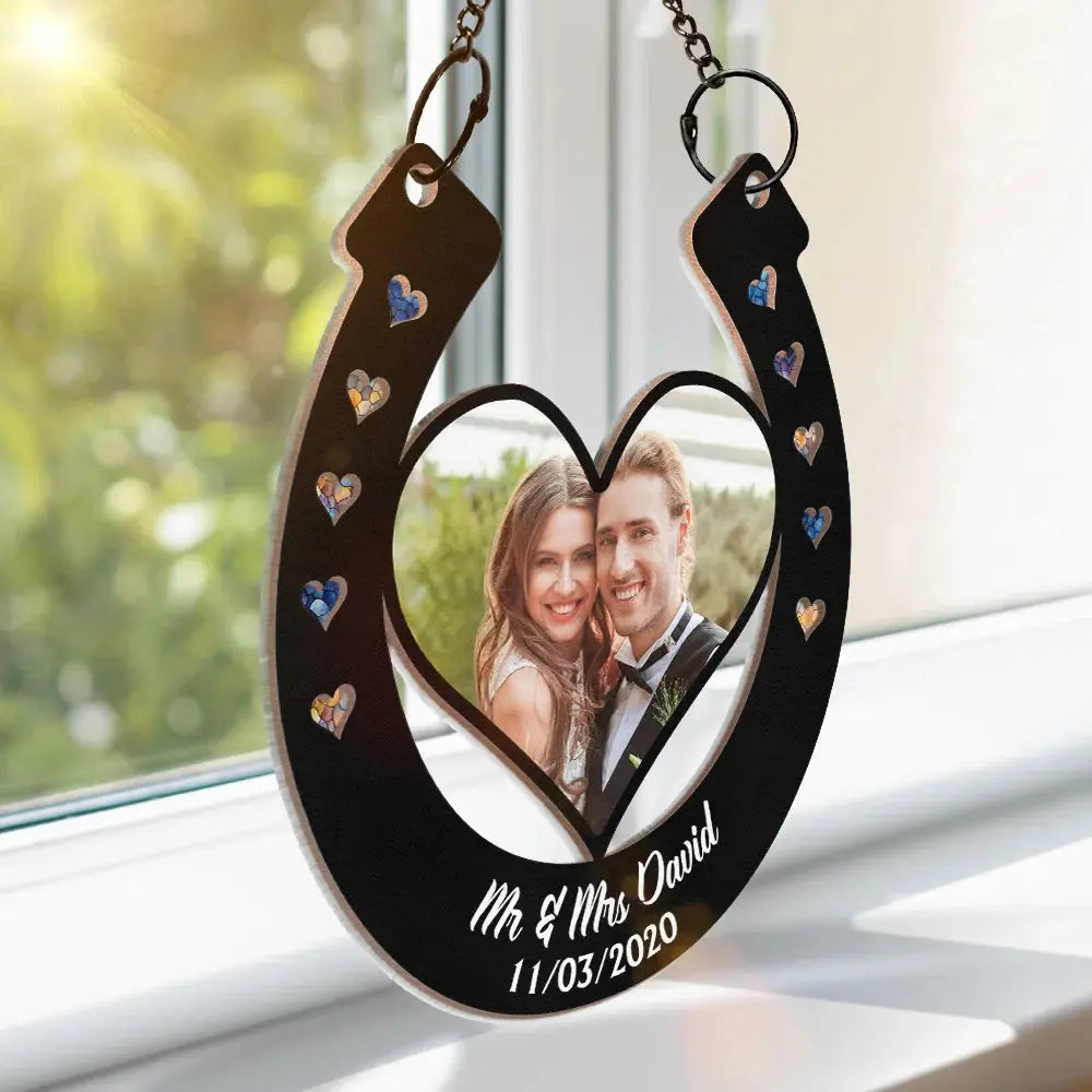 Custom Photo Good Luck Wedding Horseshoe - Personalized Window Hanging Suncatcher Ornament Hanging Suncatcher Ornament The Next Custom Gift