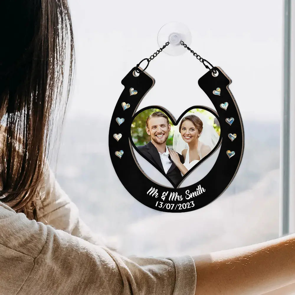 Custom Photo Good Luck Wedding Horseshoe - Personalized Window Hanging Suncatcher Ornament Hanging Suncatcher Ornament The Next Custom Gift